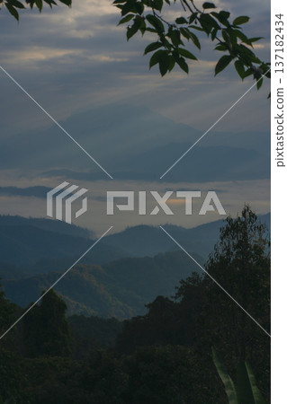 sunrise with moving of cloud and clear sky and layer of mountain sunrise with moving of cloud and clear sky and layer of mountain 137182434