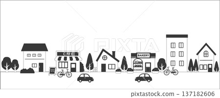 街道景觀插圖,房屋、咖啡館和麵包店林立。橫幅插圖 街道景觀插圖,房屋、咖啡館和麵包店林立。橫幅插圖 137182606