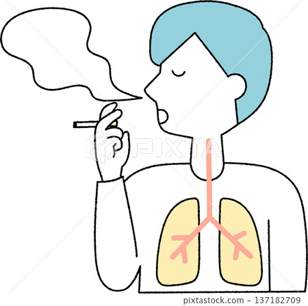 Smoke and lungs of a young man smoking a cigarette, monochromatic 137182709