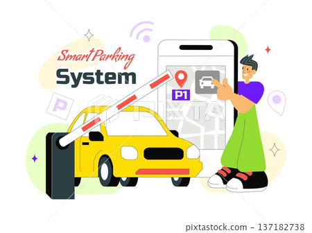 Smart Parking System Technology Vector Illustration Featuring Urban Infrastructure with IoT Connectivity and Modern Transportation in Flat Background Smart Parking System Technology Vector Illustration Featuring Urban Infrastructure with IoT Connectivity and Modern Transportation in Flat Background 137182738