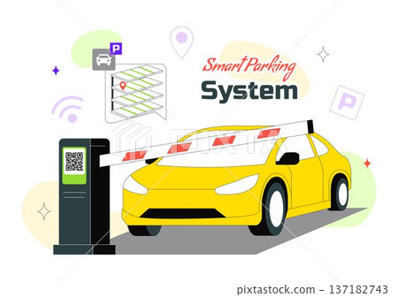Smart Parking System Technology Vector Illustration Featuring Urban Infrastructure with IoT Connectivity and Modern Transportation in Flat Background 137182743