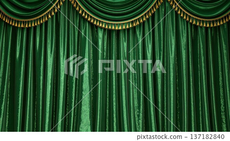 綠色舞台佈特寫。頒獎典禮上奢華的布幕背景插圖。 137182840