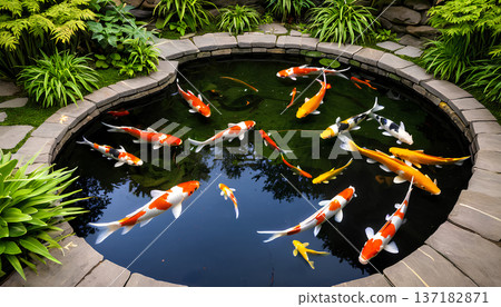 colorful koi fish swimming in the pond 137182871