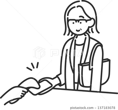 Illustration of a businesswoman in her 40s making a cashless payment using a smartphone (line drawing only) Illustration of a businesswoman in her 40s making a cashless payment using a smartphone (line drawing only) 137183078