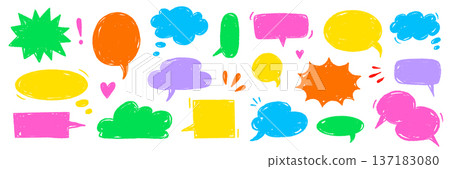 Speech crayon frame pastel set. Speech crayon frame hand drawn pencil line box bubble cloud background. Cartoon crayon chat doodle dialog painting texture sketch child design. Vector 137183080