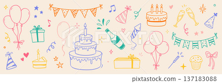 Birthday doodle color icon element. Hand drawn sketch doodle birthday cake, party gift, event hat cute decoration element. Party, carnival celebration concept background. Vector 137183088