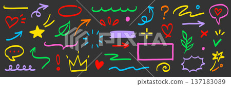 Marker line hand drawn arrow, highlight scribble set. Sketch color hand drawn marker line arrowbrush element shape graphic. Doodle scribble paint underline, circle frame icons. Vector 137183089