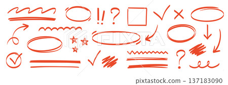 Line pen red highlight arrow set. Line pen hand drawn marker stroke red underline, check mark, emphasis. Arrow, star, round frame marker scribble stroke icon elements. Vector Line pen red highlight arrow set. Line pen hand drawn marker stroke red underline, check mark, emphasis. Arrow, star, round frame marker scribble stroke icon elements. Vector 137183090