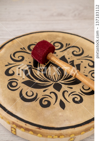 Tambourine sound therapy. Rhythm instrument. Tool for calming spiritual meditation wellness retreat for healing relaxing treatment. Tambourine sound therapy. Rhythm instrument. Tool for calming spiritual meditation wellness retreat for healing relaxing treatment. 137183112