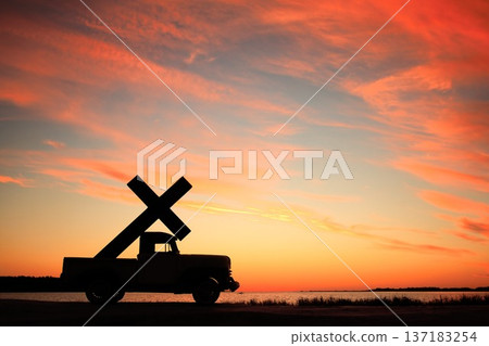 Sunset Sky Pickup Truck Cross Silhouette Red Sky Clouds Sunset Sunset Sky Pickup Truck Cross Silhouette Red Sky Clouds Sunset 137183254