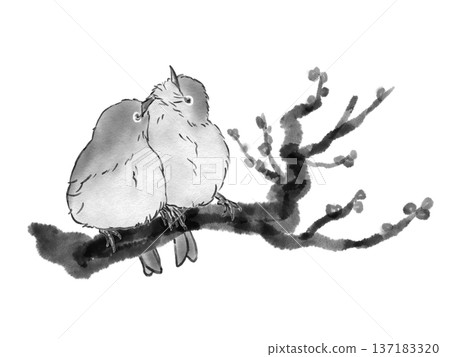 繡眼鳥依偎在梅枝上(水墨畫風格) 繡眼鳥依偎在梅枝上(水墨畫風格) 137183320