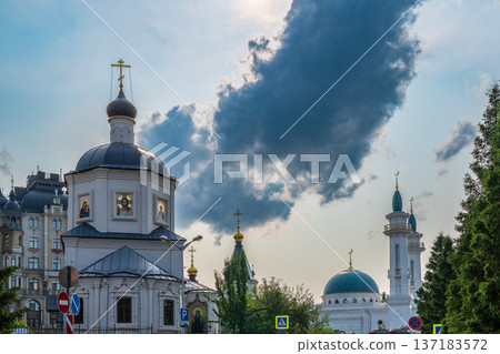View of Church of St. Evdokia and the Irek Mosque in Kazan, Russia 137183572