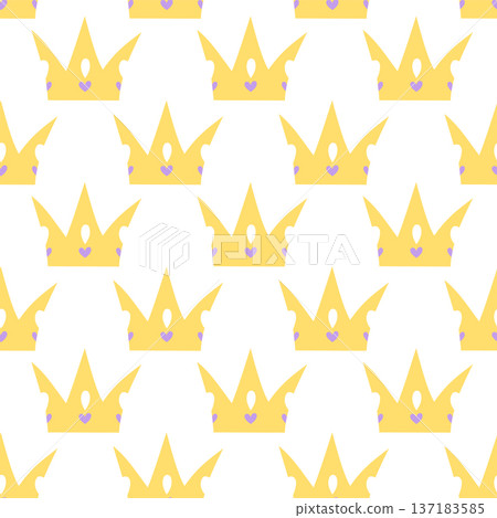 Cute seamless pattern with golden crown and heart in flat style Cute seamless pattern with golden crown and heart in flat style 137183585