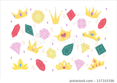 Cute gemstone and crystal set with crowns in flat decorative style Cute gemstone and crystal set with crowns in flat decorative style 137183586