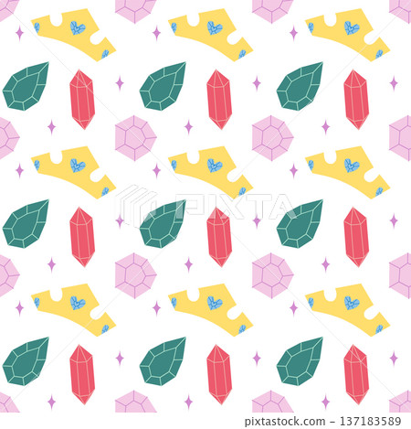 Cute seamless pattern with crown and crystal elements in flat style Cute seamless pattern with crown and crystal elements in flat style 137183589