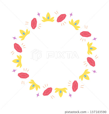 Cute circular frame with crystal and crown leaf elements in flat style Cute circular frame with crystal and crown leaf elements in flat style 137183590