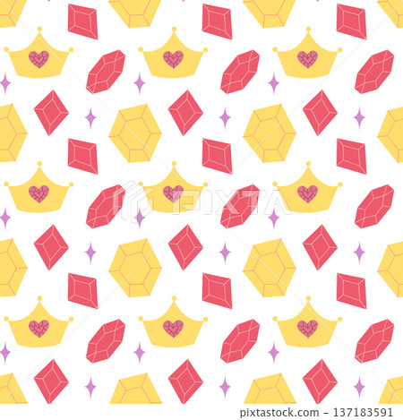 Cute seamless pattern with crown heart and crystal elements in flat style Cute seamless pattern with crown heart and crystal elements in flat style 137183591