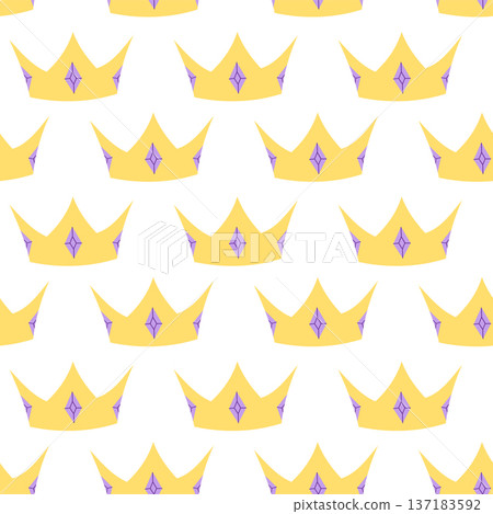 Cute seamless pattern with golden crown and purple gem in flat style Cute seamless pattern with golden crown and purple gem in flat style 137183592