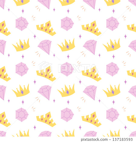 Cute seamless pattern with crown cheese and crystal elements in flat style Cute seamless pattern with crown cheese and crystal elements in flat style 137183593