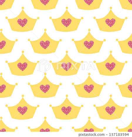 Cute seamless pattern with golden crown and heart in flat style 137183594