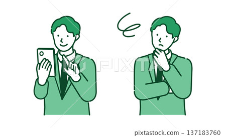 A man in a suit who solves his business smartphone problems and operates it with a smile A man in a suit who solves his business smartphone problems and operates it with a smile 137183760