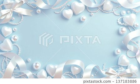 優雅的淺藍色背景框，飾以珍珠、絲帶和白色愛心圖案。 137183886