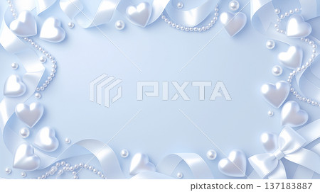淺藍色背景上，由白色心形、珍珠和絲帶組成的優雅邊框 137183887