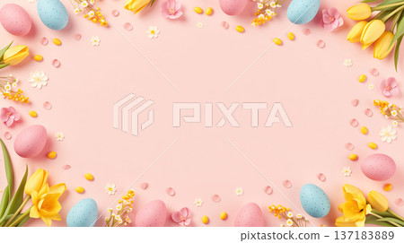 粉紅色背景的復活節彩蛋和黃色鬱金香，留有空白區域。 137183889