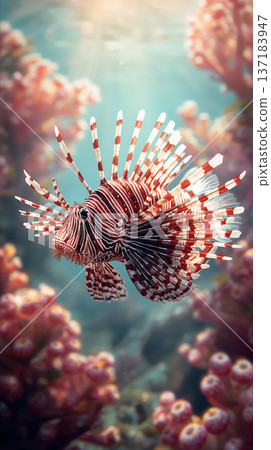 Exotic Lionfish Gliding Through Sunlit Coral Reef With Elegant Striped Fins 137183947