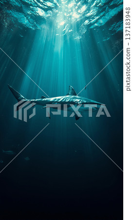 Majestic Shark Swimming in Deep Blue Ocean with Ethereal Sunbeams Piercing the Water Surface Underwater Photography 137183948