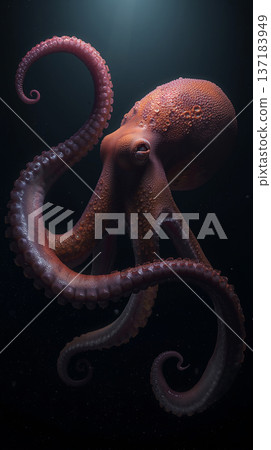 Majestic Deep Sea Red Octopus With Curled Tentacles In Dark Void 137183949