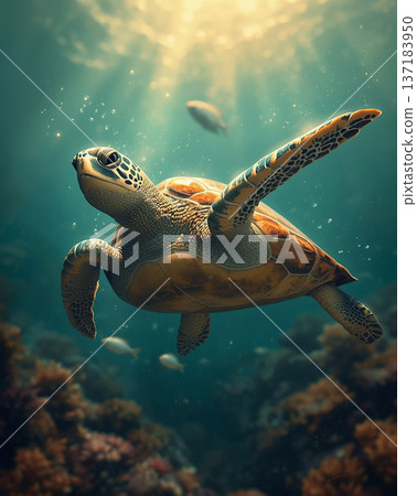 Majestic Green Sea Turtle Gliding Through Sunlit Coral Reef Deep Blue Ocean Undersea Photography 137183950