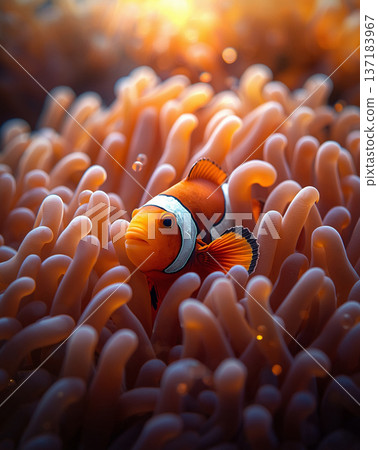 Vibrant Orange Clownfish Nestled In Soft Sea Anemone With Golden Sunbeam Glow 137183967