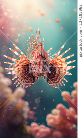 Majestic Lionfish With Spreading Fins In Sunlit Tropical Ocean Facing Forward 137183968