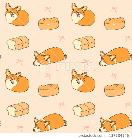 Kawaii Corgi Sploot Bread Loaf Seamless Pattern Cute Derp Corgi Bakery Background Hand Drawn Dog Loaf Print 137184346