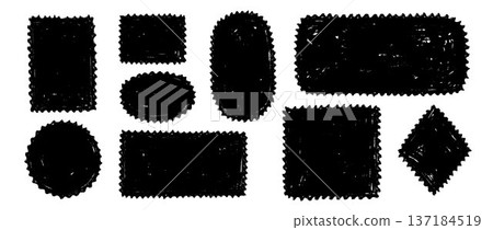 Hand drawn crayon boxes and stamps set. Doodled rough edge borders and frames collection. Black sketched playful geometric shape pack for sticker, logo, collage, banner, patch, label. Vector 137184519