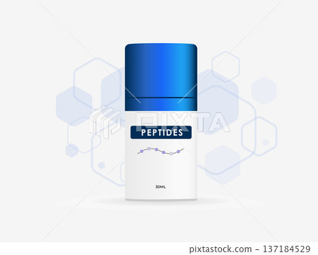 Peptide cosmetic serum bottle mockup. Skincare container with molecular structure background, anti aging biotechnology product packaging design, peptides pharmaceutical branding, vector illustration Peptide cosmetic serum bottle mockup. Skincare container with molecular structure background, anti aging biotechnology product packaging design, peptides pharmaceutical branding, vector illustration 137184529