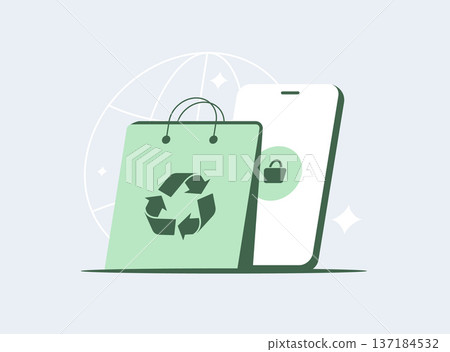 Sustainable e-commerce marketing, eco friendly shopping bag with recycling symbol and mobile phone checkout screen, green retail and environmental responsibility theme, modern flat vector illustration Sustainable e-commerce marketing, eco friendly shopping bag with recycling symbol and mobile phone checkout screen, green retail and environmental responsibility theme, modern flat vector illustration 137184532