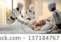 AI-generated image of the future medical world, featuring multiple android humanoid robots tending to a recovering woman. 137184767
