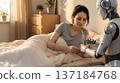 AI-generated image of the future medical care system featuring a humanoid android robot caring for a recovering woman. 137184768