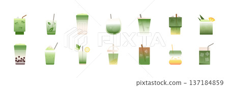 Matcha Drinks Icon Set. Matcha beverage collection of colorful cups and glasses. Flat vector illustration isolated 137184859