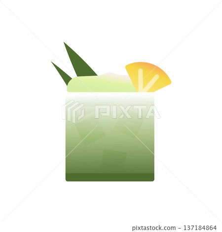Matcha Pina Colada Icon. Matcha tropical cocktail in glass with straw and ice. Flat vector illustration isolated 137184864