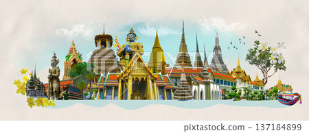 Collage of landmarks of Bangkok, Thailand. The Royal Palace palace of the king of Thailand at Bangkok. Opened as a tourist destination in Asia. Contemporary art design 137184899