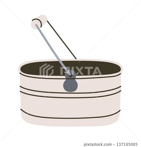 Metal container with lid and handles. Flat vector illustration for home storage, laundry, household chemicals. Cartoon style basket for domestic organization, cleaning supplies, bathroom design Metal container with lid and handles. Flat vector illustration for home storage, laundry, household chemicals. Cartoon style basket for domestic organization, cleaning supplies, bathroom design 137185005