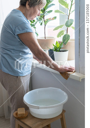 Senior woman doing household chores at home, wiping dust from window sill and taking care of houseplants, authentic moment 137185008