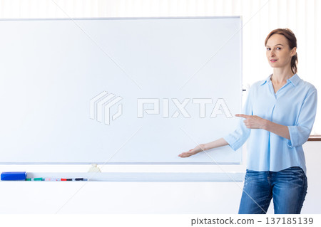 English conversation class: Foreign teacher explaining in front of a whiteboard 137185139
