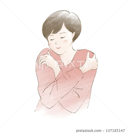 A short-haired woman hugging herself A short-haired woman hugging herself 137185147
