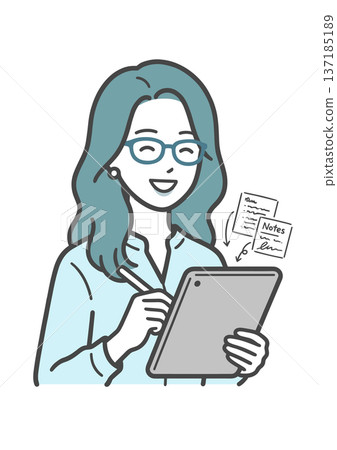 圖解：一位女士正在平板電腦上做筆記（數位化學習/商務） 137185189