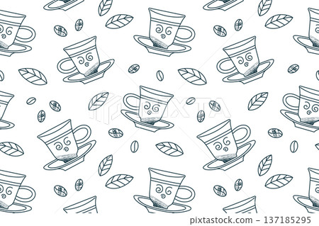 Black and white coffee pattern with elegant cups, saucers, coffee beans and leaves. Flat cartoon vector illustration in monochrome line art style, decorative outline classic cafe theme 137185295