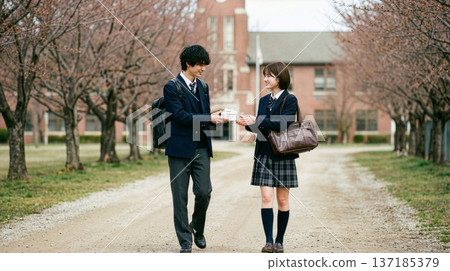 一名高中男生在放學回家的路上送給高中女生一份白色情人節禮物。 137185379